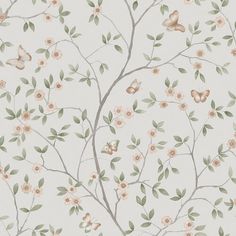 a white wallpaper with flowers and butterflies on the branches in pastel colors,