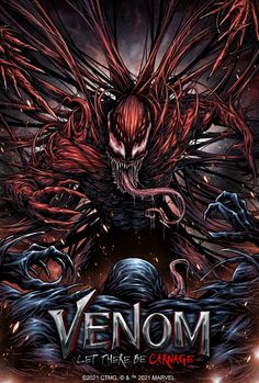 a poster for the upcoming movie venom, featuring an image of a demonic creature with long hair