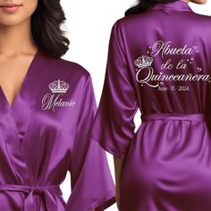 Step into your Quinceañera celebration in style with our Personalized Satin Quinceañera Robe. Crafted for your special day, this personalized Quinceañera robe exudes luxury and elegance. Ideal for getting ready moments and capturing unforgettable photos, it features beautiful glitter and regular text color options to match your Quinceañera party. Perfect for your Quince birthday, our personalized robe is a symbol of sophistication and grace as you embark on this milestone journey. Make your Mis Purple Quince, Custom Robes, Personalized Robe, Quinceanera Party, Womens Robes, Text Color, Quince, Quinceanera, How To Feel Beautiful