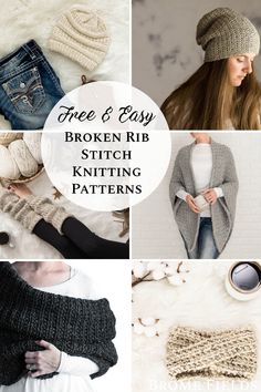 multiple pics of broken rib stitch knitting projects