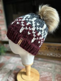 "This Diamond Willow Hat has been hand knit by me with a wool-blend yarn in 3 colors. This hat is sized to fit up to 23\" circumference head. Pom is tied on with an engraved wood pom button for easy on/off. Need a different color combo? Just message me to set up your custom color combo! There are so many possibilities with this design! 😊 Care instructions: remove pom & spot clean or hand wash with mild soap. Roll in towel - do not wring - to remove excess water. Lay flat to air dry. Pattern design credit goes to Minnesota designer, Jamie Rex of North Road Knits. Thank you for supporting my small business!" Knitted Alpaca Beanie For Cold Weather, Alpaca Knitted Beanie For Cold Weather, Hand Knitted Crochet Hat For Cold Fall Weather, Hand Knitted Crochet Hat For Fall And Cold Weather, Cozy Wool Knit Hats, Wool Beanie Hat, Wool Knitted Beanie Hat, Knitted Wool Beanie Hats, Hand Knitted Wool Beanie Hats