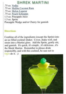 a green drink with a yellow rubber duck in it's beak and description on the side