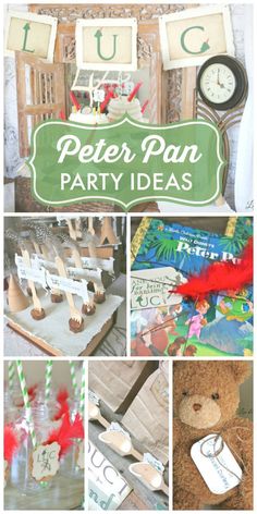 a collage of photos with the words peter pan party ideas