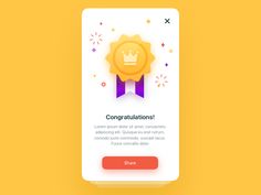 the app is displaying congratulationss and an award medal on it's screen, with a yellow background