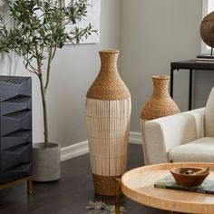 two large vases sitting next to each other on a table in a living room