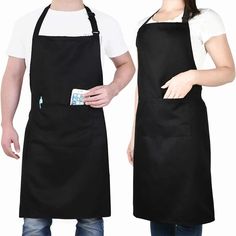 two people wearing black aprons and one is holding a drink in his right hand