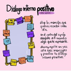 a mirror with sticky notes attached to it and the caption in spanish below reads diago interno positvo