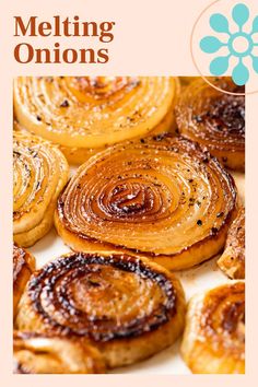 some onion rings are sitting on a white plate with the words melting onions above them