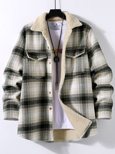 Multicolor Preppy  Long Sleeve Wool-Like Fabric Plaid Regular  Non-Stretch Spring/Fall Men Outerwear Plaid Jacket Outfit, Plaid Overcoat, Stylish Men Wear, Black Outerwear, Hooded Denim Jacket, Stylish Men Casual, Street Style Outfits Men