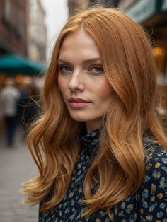 This image presents elegant, layered hair in a soft strawberry blonde shade. The layers add texture and movement, perfect for a sophisticated summer look. The hair color blends light blonde and strawberry tones, creating a warm, sun-kissed effect. The model’s face shape is oval, and the layers frame her features beautifully. She’s dressed in a floral patterned blouse, adding a touch of elegance. The background is an outdoor urban setting, suggesting this look is ideal for both casual and formal occasions. Mid Length Haircut Red Hair, Adore French Cognac Hair Color, Blond To Red Hair, Light Ginger Hair Strawberry Blonde, Light Redhead, Strawberry Ginger Hair, Blond Red Hair, Light Ginger Hair, Light Strawberry Blonde Hair