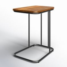 a small wooden table with metal legs and a wood top on an isolated white background