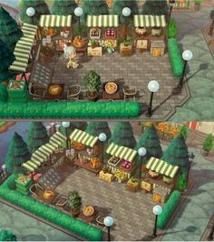 two screens showing the same view of an outdoor cafe and restaurant in animal crossing city