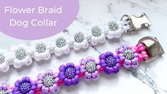 the flower braid dog collar is made with white, pink and purple beads