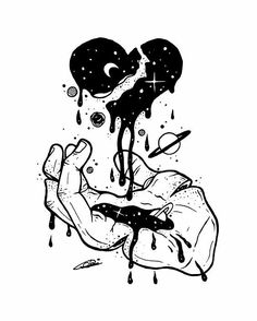 a black and white drawing of two hands holding an object with dripping paint on it