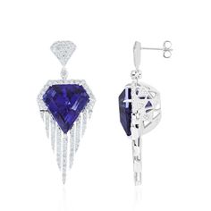 For Sale on 1stDibs - Elegant and Exquisitely detailed White Gold Earring, with 27.0 Cts (approx) Tanzanite Exquisitely cut in Unique Diamond Shape accented with micro pave Tanzanite Diamond Earrings, White Gold Earring, Tanzanite Diamond, Diamond Earring, Unique Diamonds, White Gold Earrings, Gold Earring, Gold Hands, Jewellery Designs