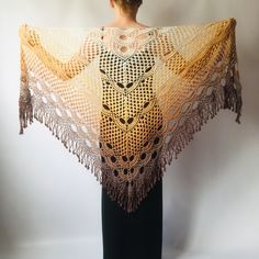 Gold shawl wrap cotton triangle shawl fringe brown gradient cover up hand crocheted shawl summer festival boho shawl shoulder wrap Approximate SIZE: SHAWL 1, 3: Length - top 98" / 250 cm Center height 43'' / 110 cm) SHAWL 2: Length - top 110" / 280 cm Center height 49'' / 125 cm) Poncho 1 Size: M-XL (One size) MATERIAL: Soft yarn of 55% COTTON, 45% PoliAcrylic Please make a choice for your shawl or poncho and tell the desired color in a message to the seller (when placing an order). The colors w Bohemian Crochet Lace Shawl, Summer Fringe Shawl, Summer Shawl With Fringe, Fringed Shawl For Summer Festivals, Bohemian Beige Crochet Lace Shawl, Brown Bohemian Crochet Shawl, Bohemian Brown Crochet Shawl, Brown Crochet Bohemian Shawl, Bohemian Crochet Lace Shawl For Summer