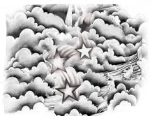 a drawing of stars and clouds in the sky with one person on it's back