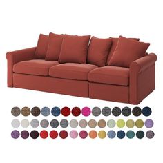 an image of a couch with pillows and color options for it to choose from in this article