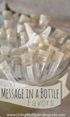 there is a bowl full of wine bottles with message in the bottle for favors on it