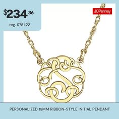 This personalized initial necklace featuring a ribbon design is a timeless statement of elegance and style. The lovely script turns your initial into a work of art. Made in America.Features: Personalized, InitialsMetal Color: YellowChain Length: 18 InchChain Width: .85 MillimetersChain Construction: RopeMetal: 10k GoldNecklace Type: Pendant NecklacesAssembled in the US from Imported Materials Initial Pendant Necklace, Ribbon Design, Personalized Initials, Initial Pendant, Made In America, Initial Necklace, In America, Initials, Ribbon