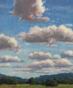 an oil painting of clouds over a green field