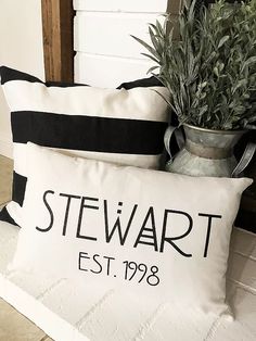 two black and white pillows sitting next to each other on a bench with a potted plant