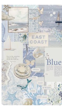 a collage of blue and white images with boats in the ocean behind it,