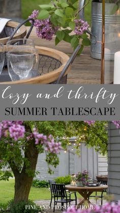 an outdoor table and chairs with purple flowers in the background, text overlay reads cozy and thrifty summer tablescape