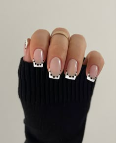 Homecoming Nails White French Tip, French Tip And Full Nail, French Top With Design, Pokadot Nails French Tip, Black And White French Tip Nail Designs, French With Dots Nails, Short White Tip Nails With Design, Black Manicure Designs, Medium Square Gel Nail Designs