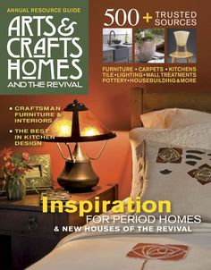 the cover of arts and crafts homes magazine, featuring an image of a bed with pillows on it