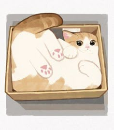 an orange and white cat laying in a box with its paw on it's chest