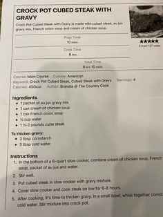 a menu listing the ingredients for crock pot cubed steak with gravy