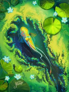 a painting of a fish in the water surrounded by lily pads