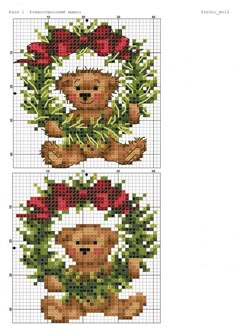 two cross stitch teddy bears with wreaths