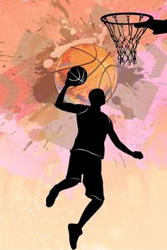 a basketball player dunking the ball in front of an orange and pink grungy background