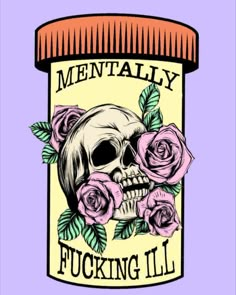 a jar with some flowers and a skull in it's center on a purple background