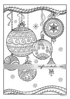 christmas ornament coloring page with ornaments hanging from the ceiling and snowflakes