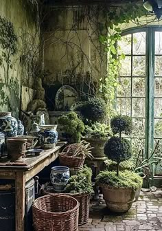 a room filled with lots of potted plants next to an open window on top of a stone floor