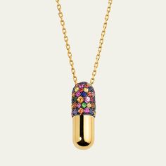 Elior pill-shape pendant necklace in 18-karat yellow gold and multicolor sapphires   Approx. 22"L Total carat weight; Sapphire: 1.80 ct Adjustable length Lobster clasp Made in USA Lobster Clasp, Solid Gold, Made In Usa, 18k Gold, Tops Designs, Sapphire, Jewelry Necklaces, Yellow Gold, Pendant Necklace