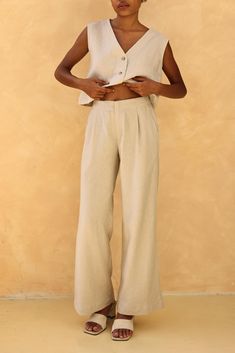 The wide linen pants offer a breezy, timeless, and relaxed style. Handcrafted in our studio to your measurements and preferences, available in over 60 colors. STYLE DETAILS - 100 % linen, medium weight (200gsm), free-shrinkage, amazingly soft feel - Floor length pants; different length is possible - High waisted - Wide legs - Zip fastening at front - Elastic waistband on the back - Inseam pockets - Pants inseam 27.5''/70cm and pants outseam 38''/96cm/size S for our lovely model 5ft5/169cm tall. Linen Wide Leg Ankle-length Pants For Vacation, Ankle-length Linen Wide Leg Pants For Beach, Relaxed Linen Wide Leg Trousers, Beige Linen Wide Leg Pants For Vacation, Relaxed Wide Leg Linen Pants, Flax Linen Wide Leg Ankle-length Pants, Relaxed High-waisted Linen Pants, Linen Wide-leg Pants, Wide-leg Linen Pants