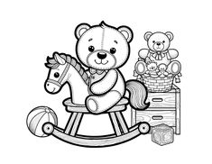 a teddy bear sitting on top of a rocking horse next to a basket of toys