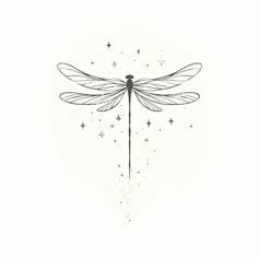 a black and white drawing of a dragonfly with stars on it's wings