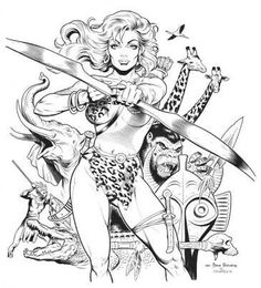 a pencil drawing of a woman with two swords in her hand and other characters around her