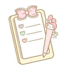 a clipboard with hearts and bows on it next to a pink pen that says hello kitty