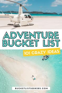 the cover of an adventure bucket list with a helicopter flying over it and people in water below