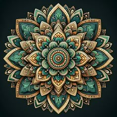 an ornate flower design on a black background with gold and green colors, in the middle of