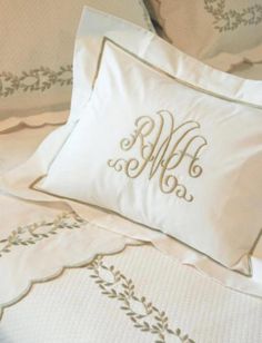 Camilla Custom Embroidered Bed Linens-Sheets & Duvet Covers Monogrammed Pillows, Embroidered Sheets, Monogram Bedding, Monogrammed Linens, Embroidered Bedding, Pillow Bedroom, Monogram Embroidery, Grey Linen Bedding, Bed Linen Design