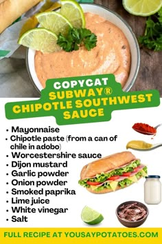 an advertisement for chipotie sauce with limes on the side and other ingredients