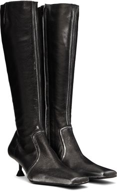 Knee-high grained leather boots in black. · Fading throughout · Square toe · Concealed elasticized gusset at back collar · Zip closure at inner side · Grained leather lining · Kitten heel with rubber injection · Nubuck sole with rubber injection · Heel: H2 Supplier color: Black grey Black Boots Tall, Kitten Heel, Tall Boots, Black Grey, Leather Boots, Knee High, Kitten Heels, Black And Grey, Collar