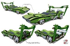 three views of a green car with four different parts attached to the front and rear wheels